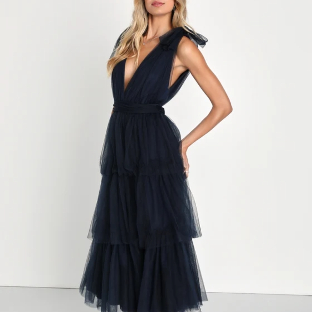Lulus Navy Tie Strap Tulle Maxi Dress L - Picture 3 of 7